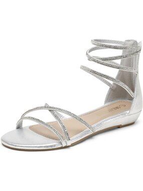Women's Silver Rhinestones Gladiator Flat Sandals Ankle Strap Comfortable Zip